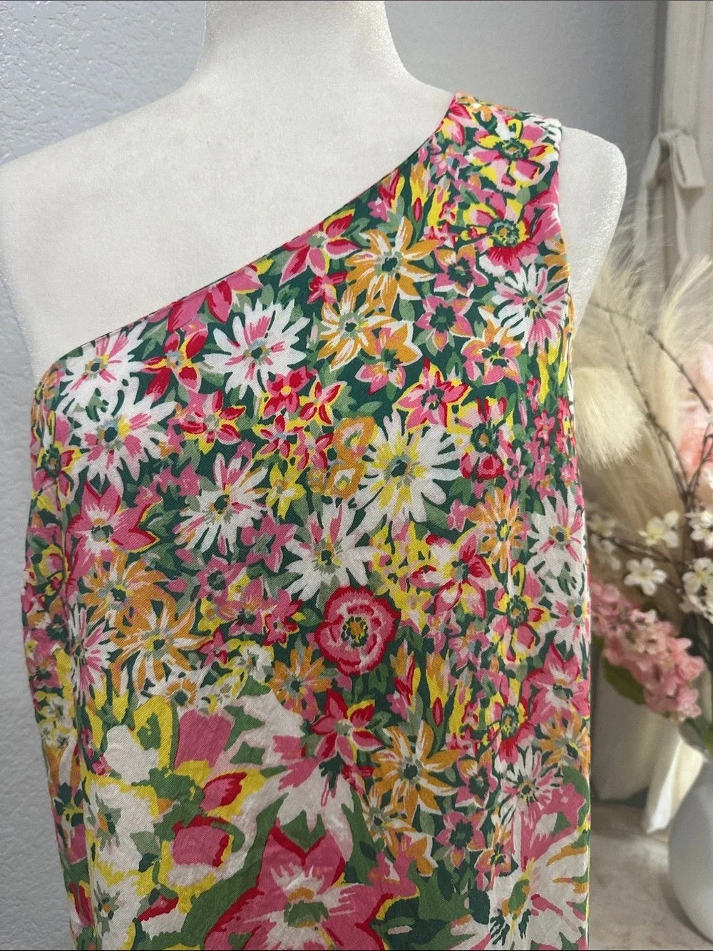 Anthropologie One-Shoulder Floral Maxi Dress in Pink, Yellow, Blue, Green